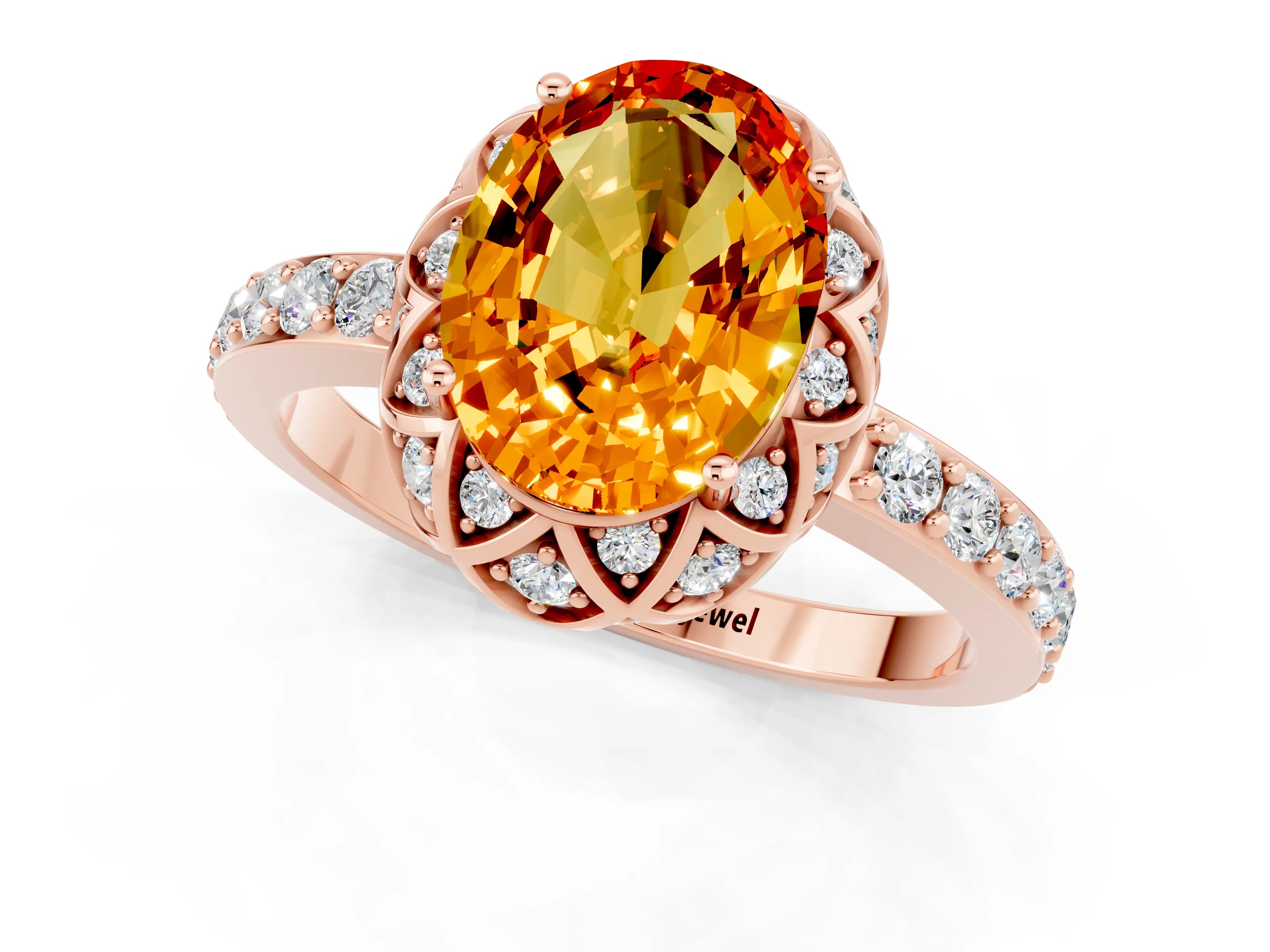 Rose gold Oval Cut Diamond Solitaire Ring with Shared Prong Pavé Band_1