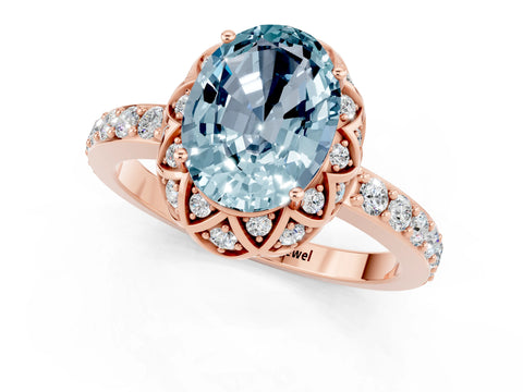 Rose gold Oval Cut Diamond Solitaire Ring with Shared Prong Pavé Band_1