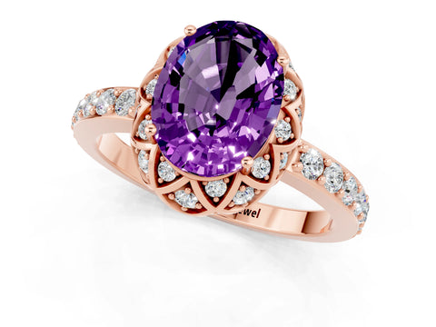 Rose gold Oval Cut Diamond Solitaire Ring with Shared Prong Pavé Band_1