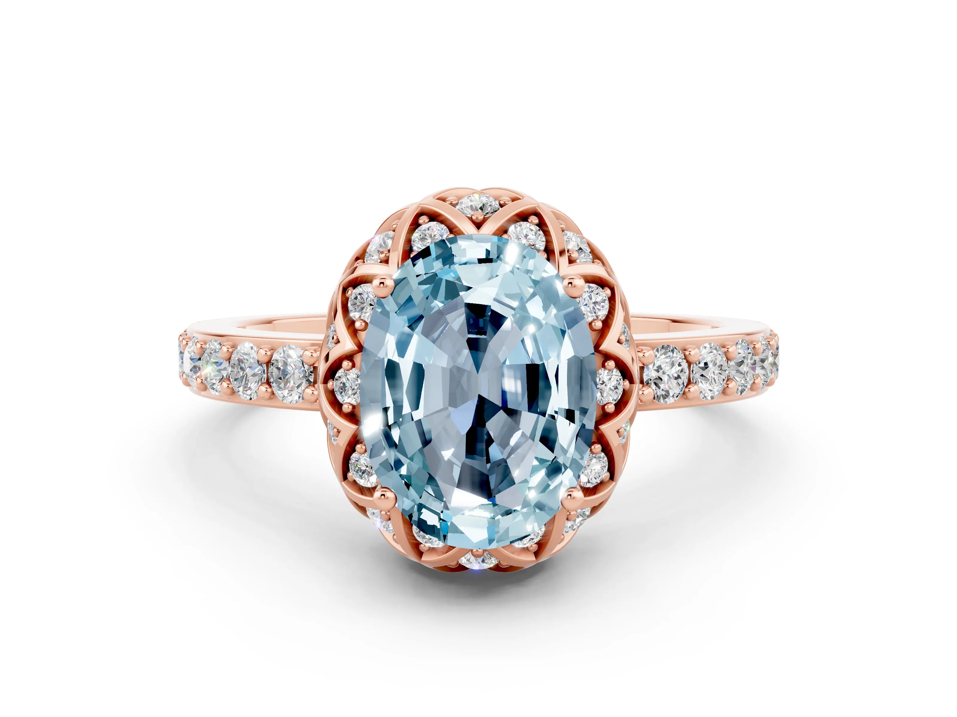 Rose gold Oval Cut Diamond Solitaire Ring with Shared Prong Pavé Band