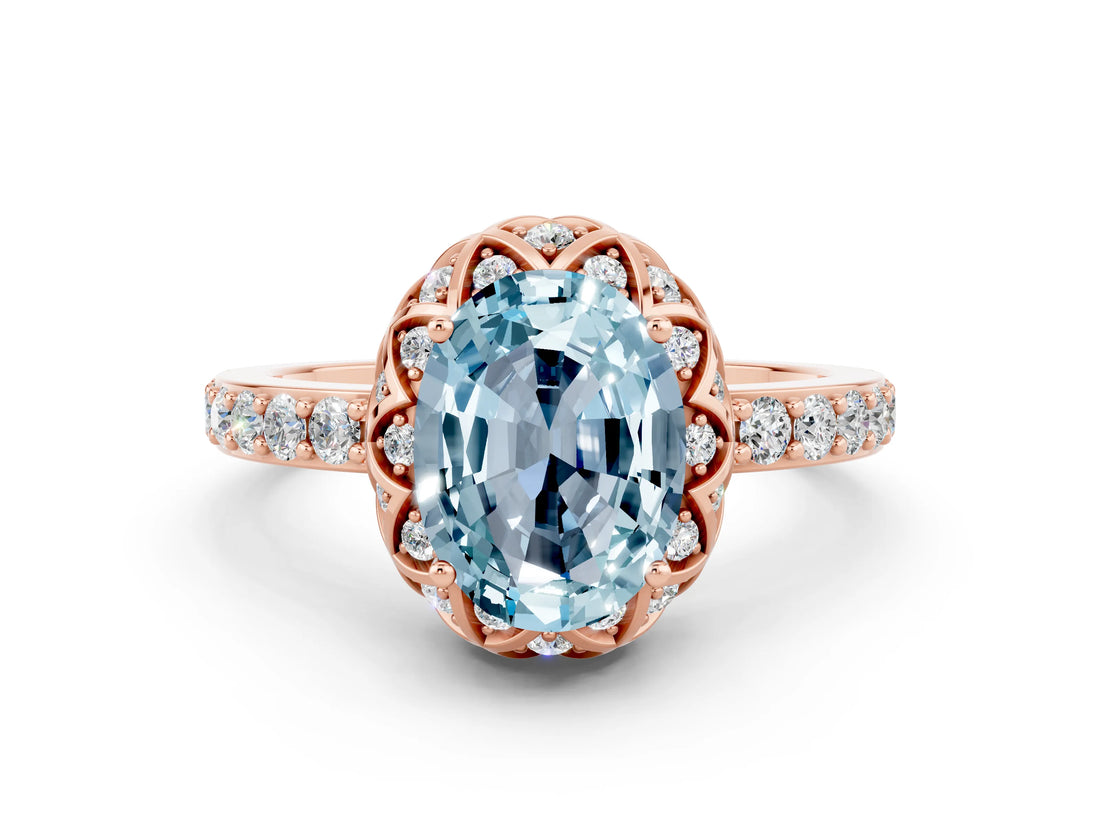 Rose gold Oval Cut Diamond Solitaire Ring with Shared Prong Pavé Band