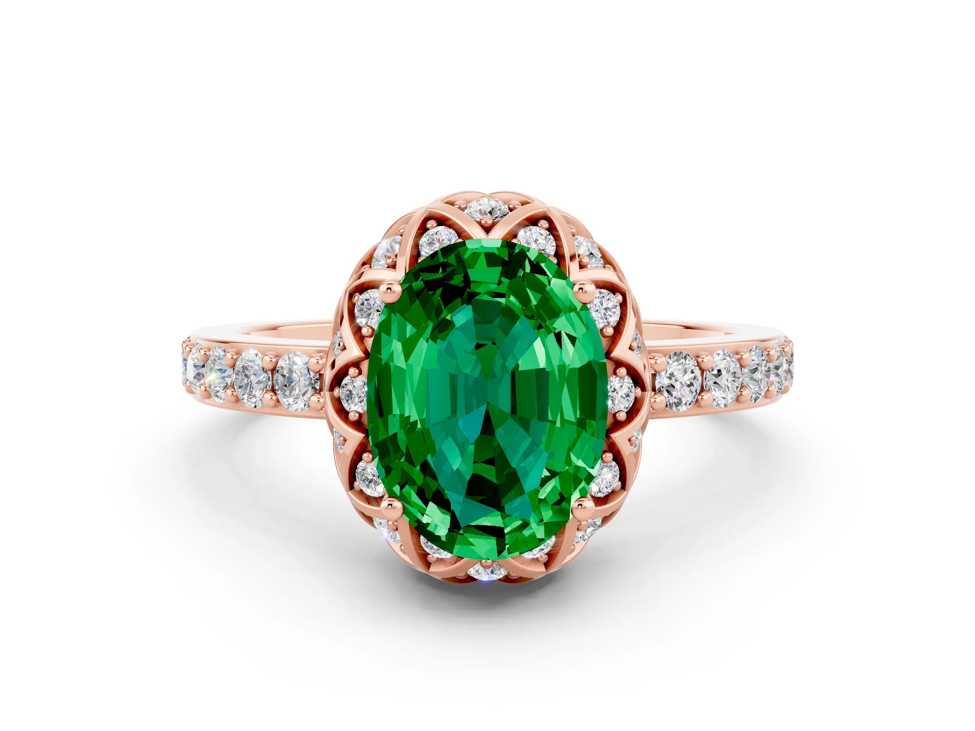 Rose gold Oval Cut Diamond Solitaire Ring with Shared Prong Pavé Band