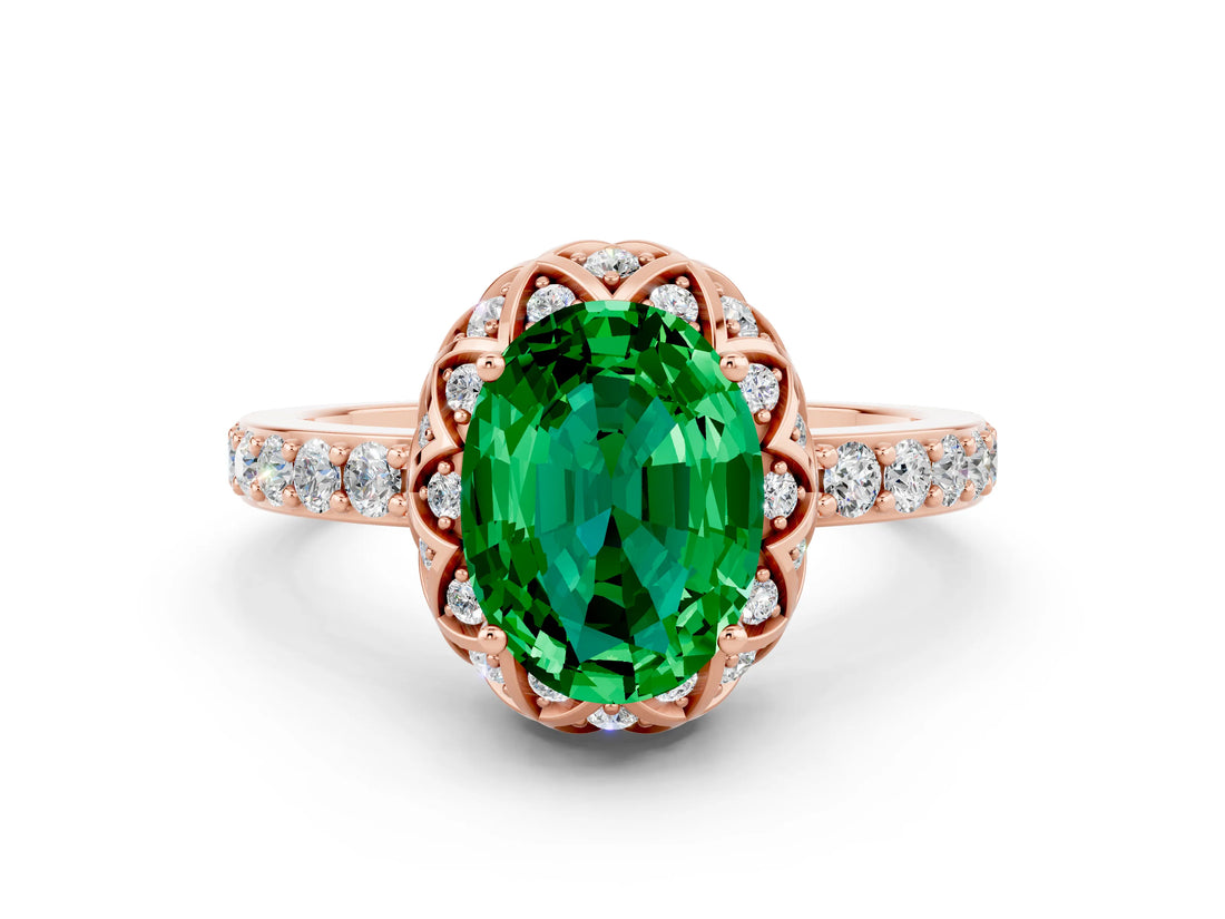 Rose gold Oval Cut Diamond Solitaire Ring with Shared Prong Pavé Band