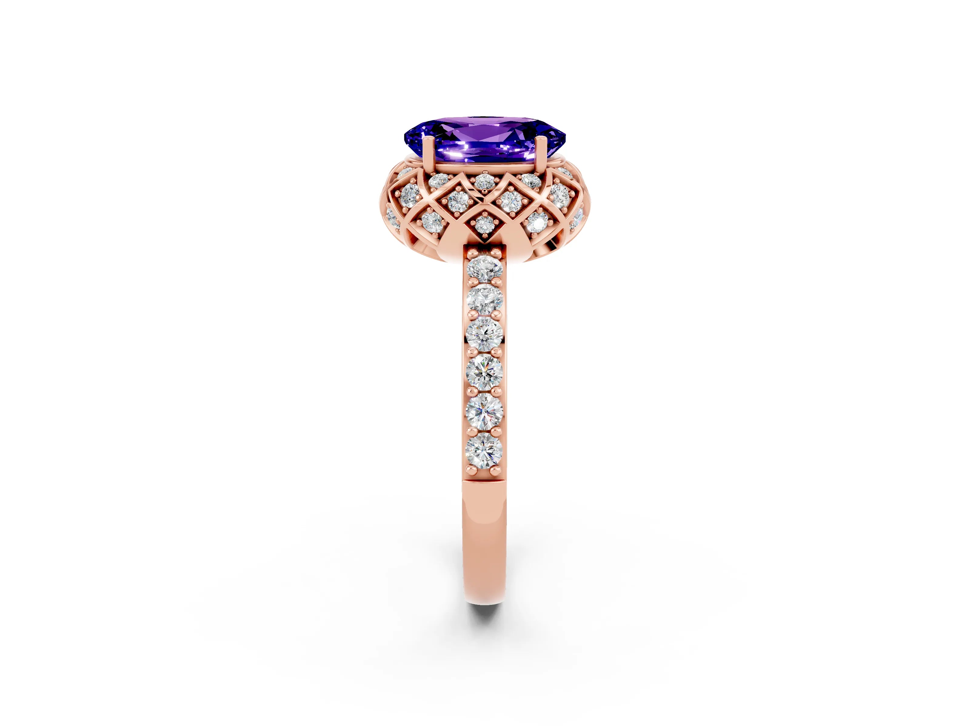 Rose gold Oval Cut Diamond Solitaire Ring with Shared Prong Pavé Band_2