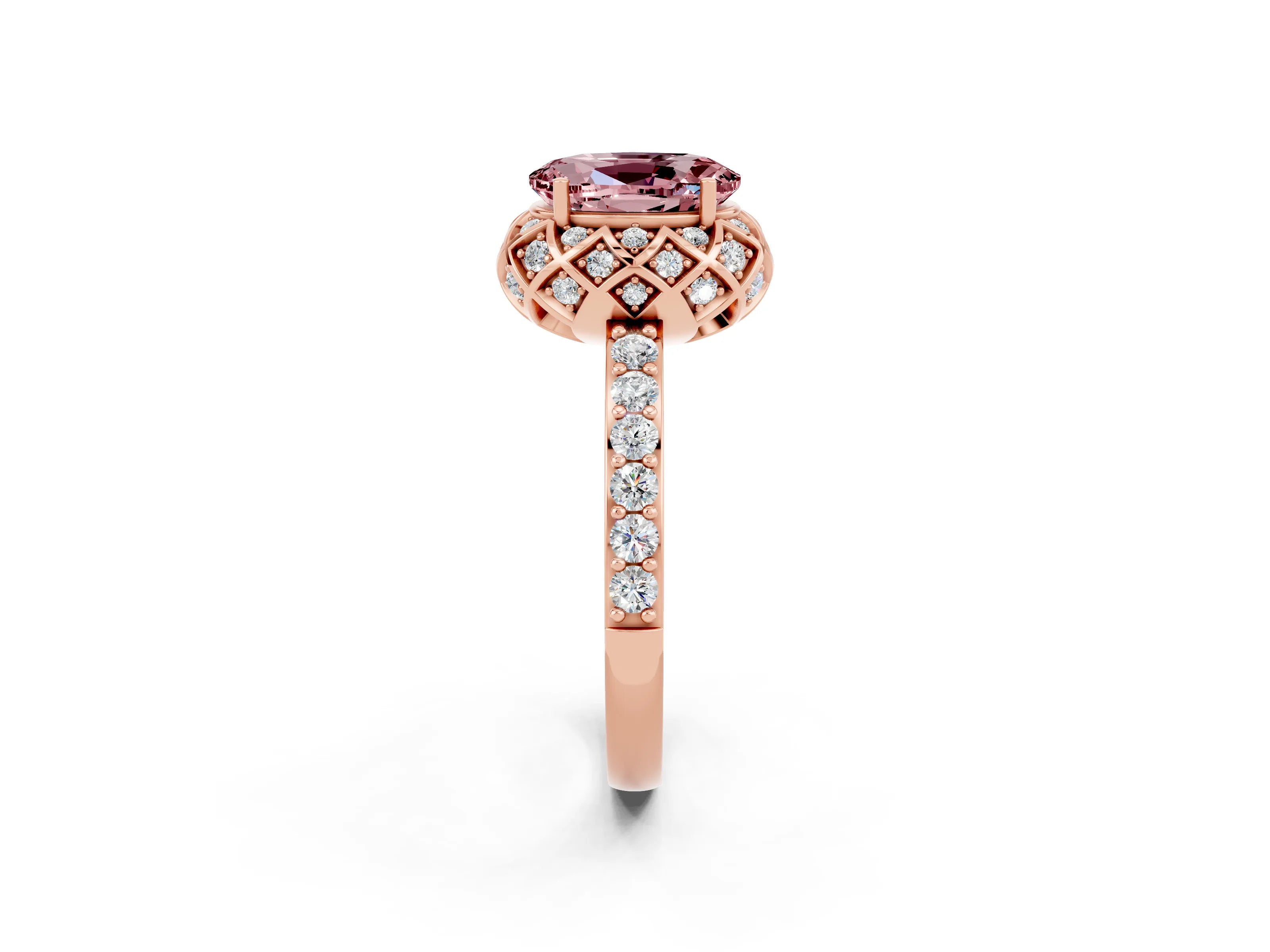 Rose gold Oval Cut Diamond Solitaire Ring with Shared Prong Pavé Band_2
