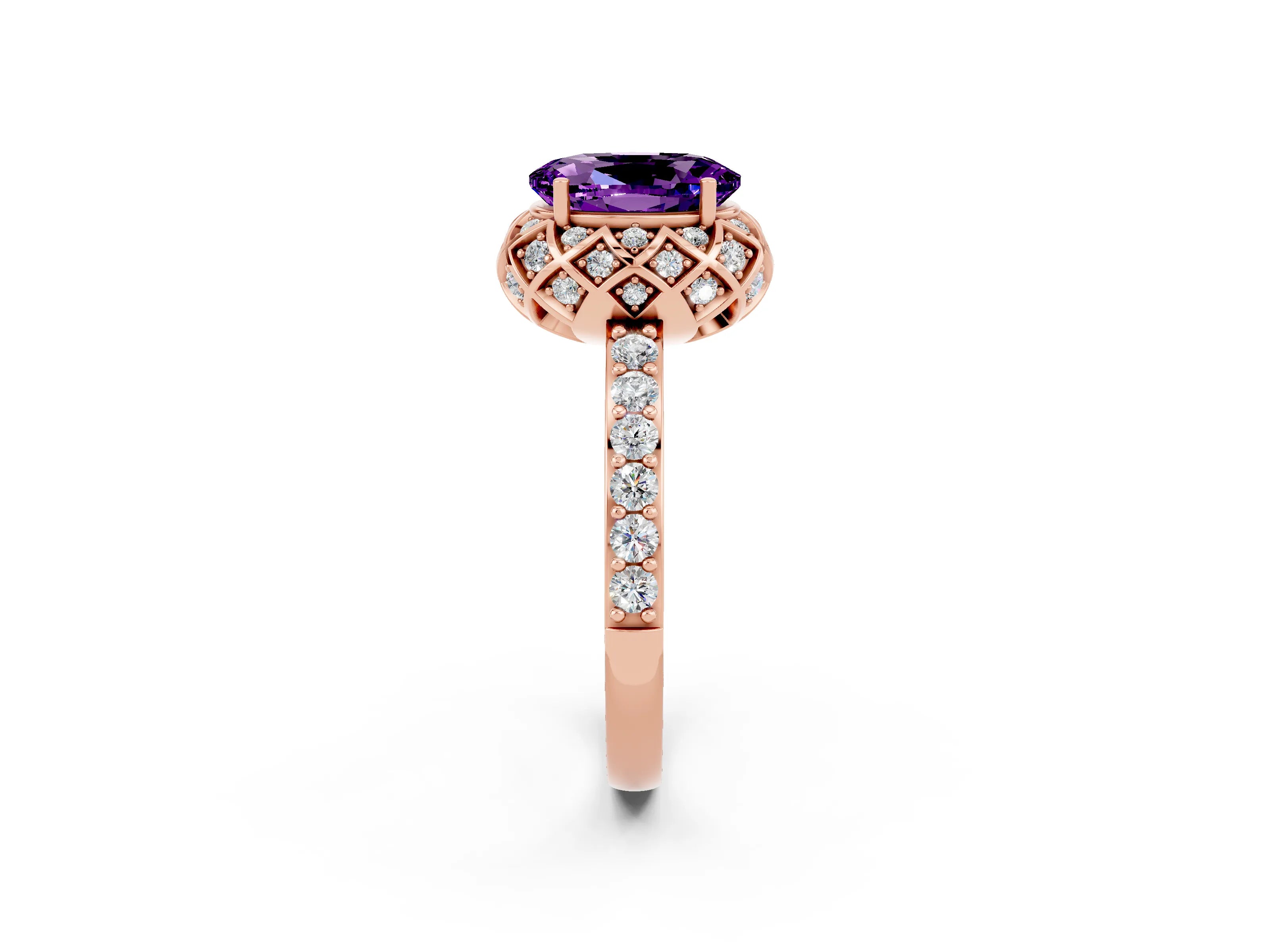 Rose gold Oval Cut Diamond Solitaire Ring with Shared Prong Pavé Band_2
