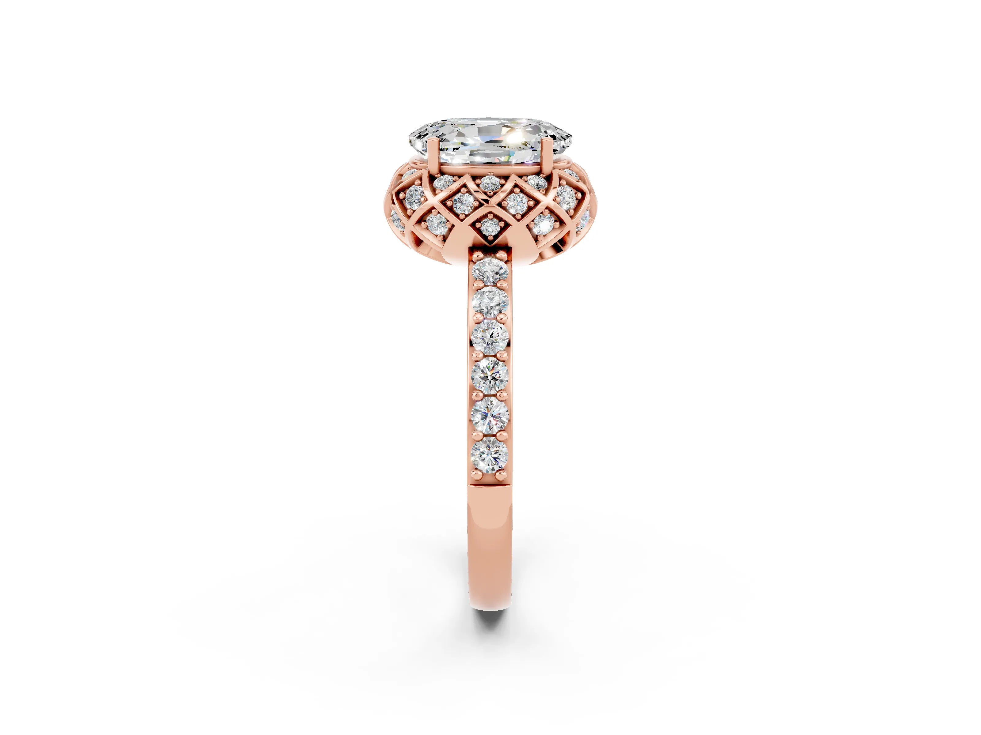 Rose gold Oval Cut Diamond Solitaire Ring with Shared Prong Pavé Band_2