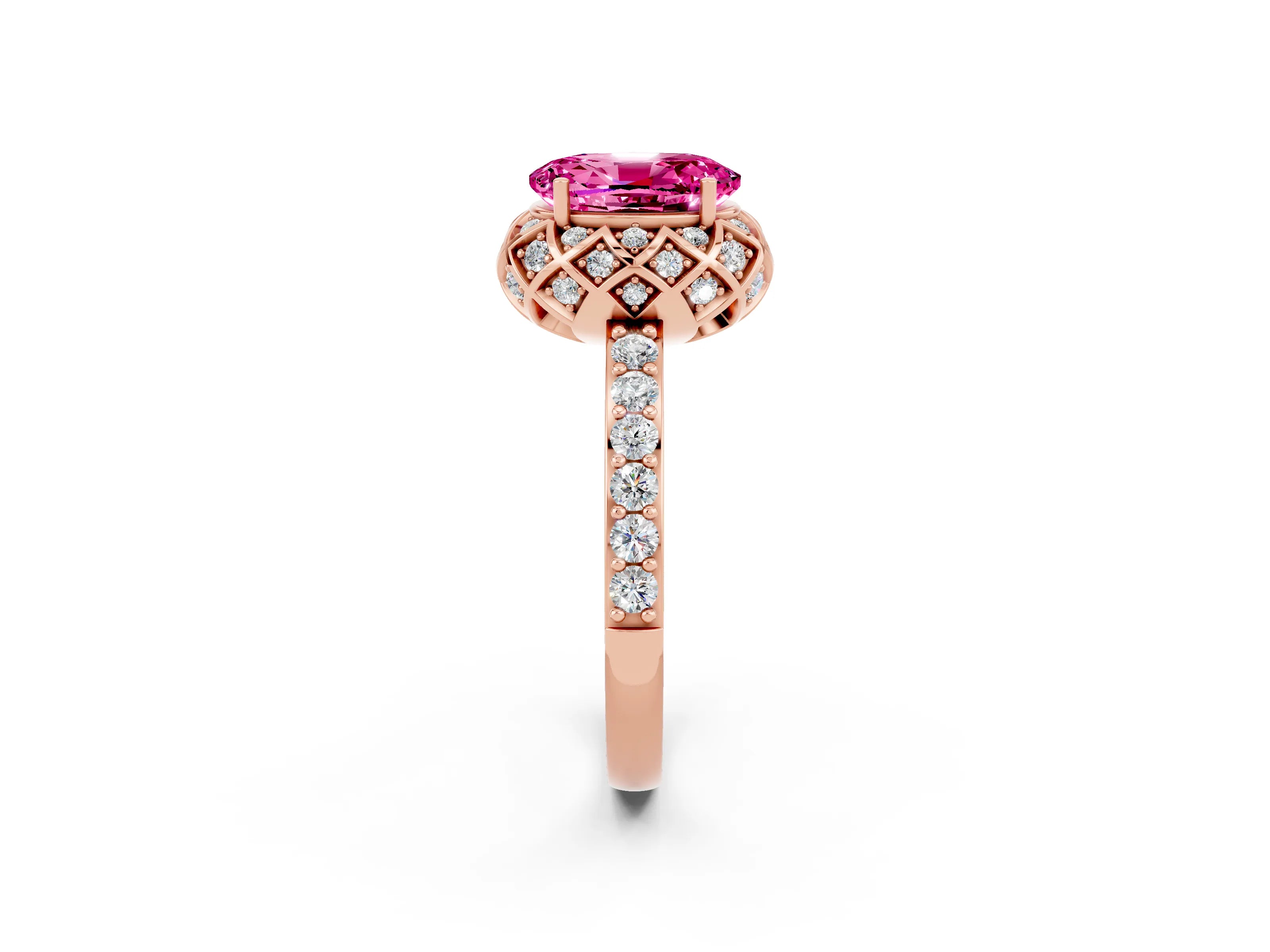 Rose gold Oval Cut Diamond Solitaire Ring with Shared Prong Pavé Band_2
