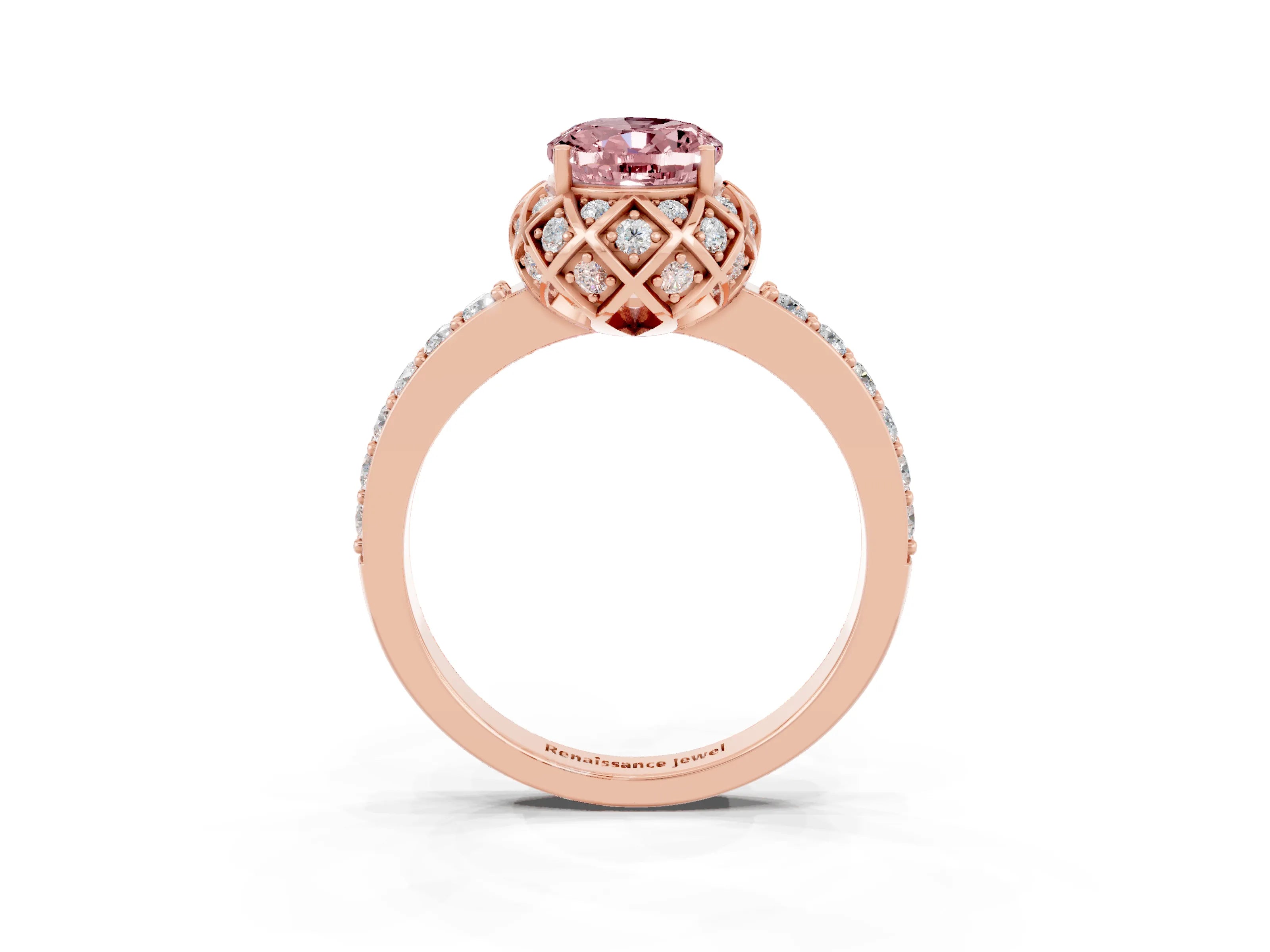 Rose gold Oval Cut Diamond Solitaire Ring with Shared Prong Pavé Band_3