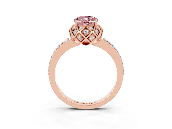 Rose gold Oval Cut Diamond Solitaire Ring with Shared Prong Pavé Band