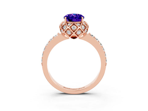 Rose gold Oval Cut Diamond Solitaire Ring with Shared Prong Pavé Band_3