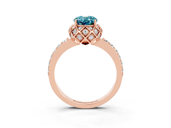 Rose gold Oval Cut Diamond Solitaire Ring with Shared Prong Pavé Band