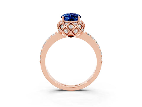 Rose gold Oval Cut Diamond Solitaire Ring with Shared Prong Pavé Band_3
