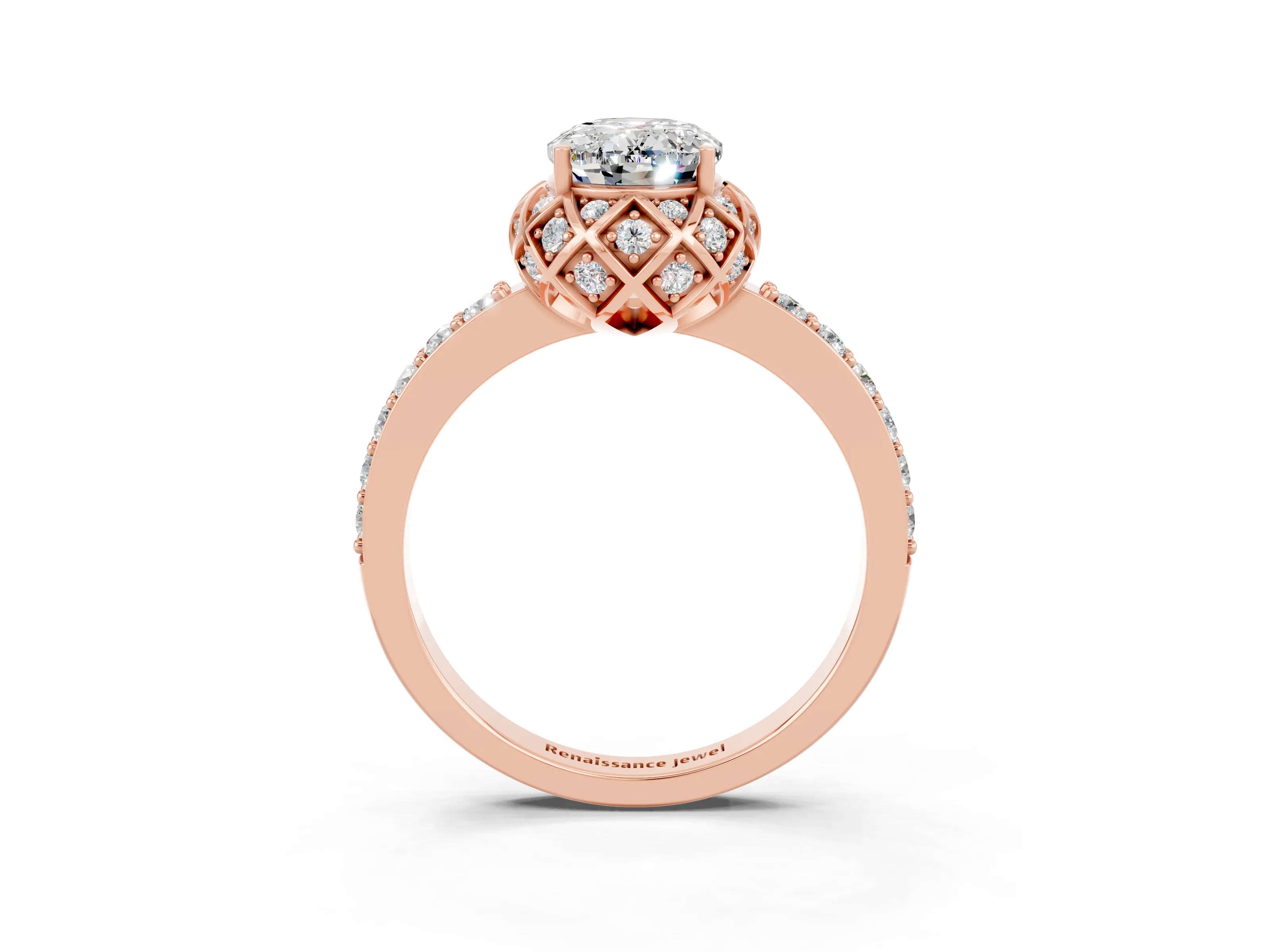 Rose gold Oval Cut Diamond Solitaire Ring with Shared Prong Pavé Band_3