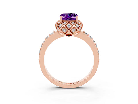 Rose gold Oval Cut Diamond Solitaire Ring with Shared Prong Pavé Band_3