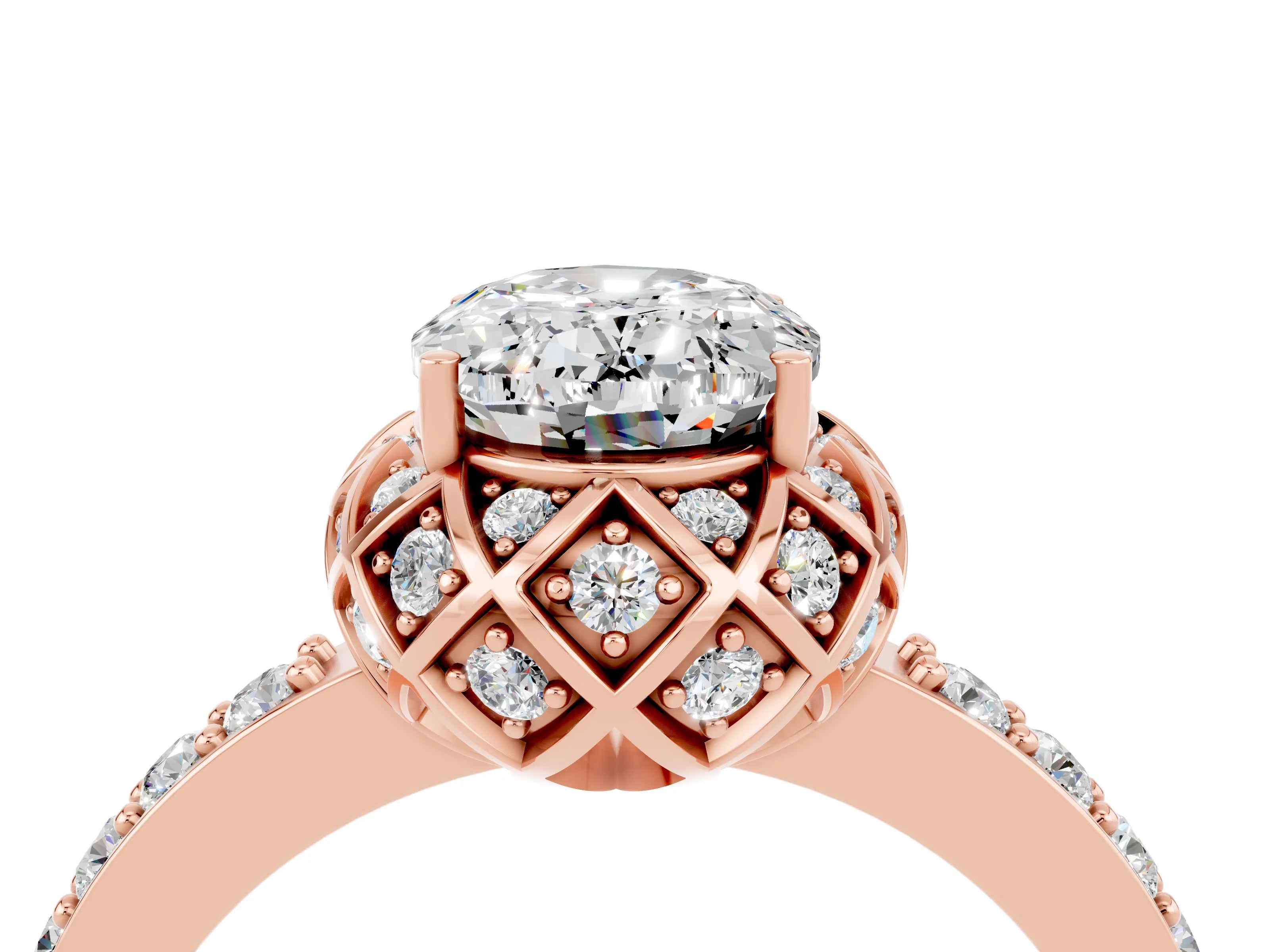 Rose gold Oval Cut Diamond Solitaire Ring with Shared Prong Pavé Band_4