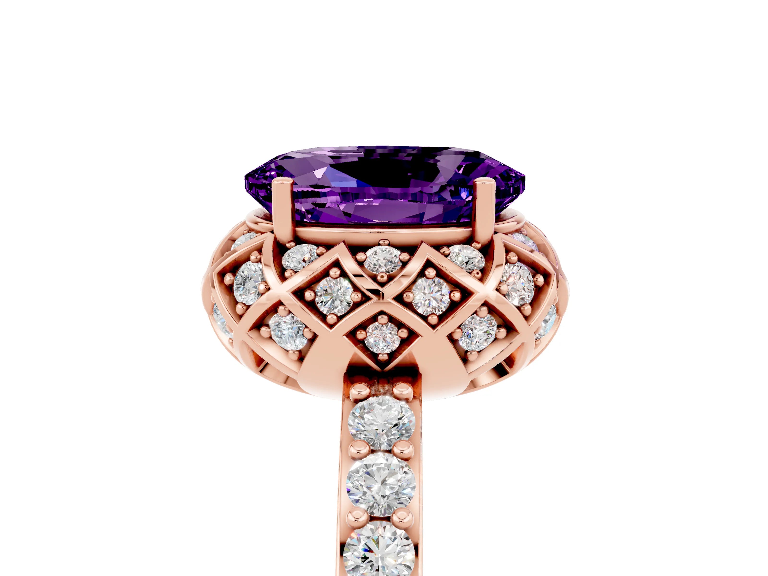 Rose gold Oval Cut Diamond Solitaire Ring with Shared Prong Pavé Band_5