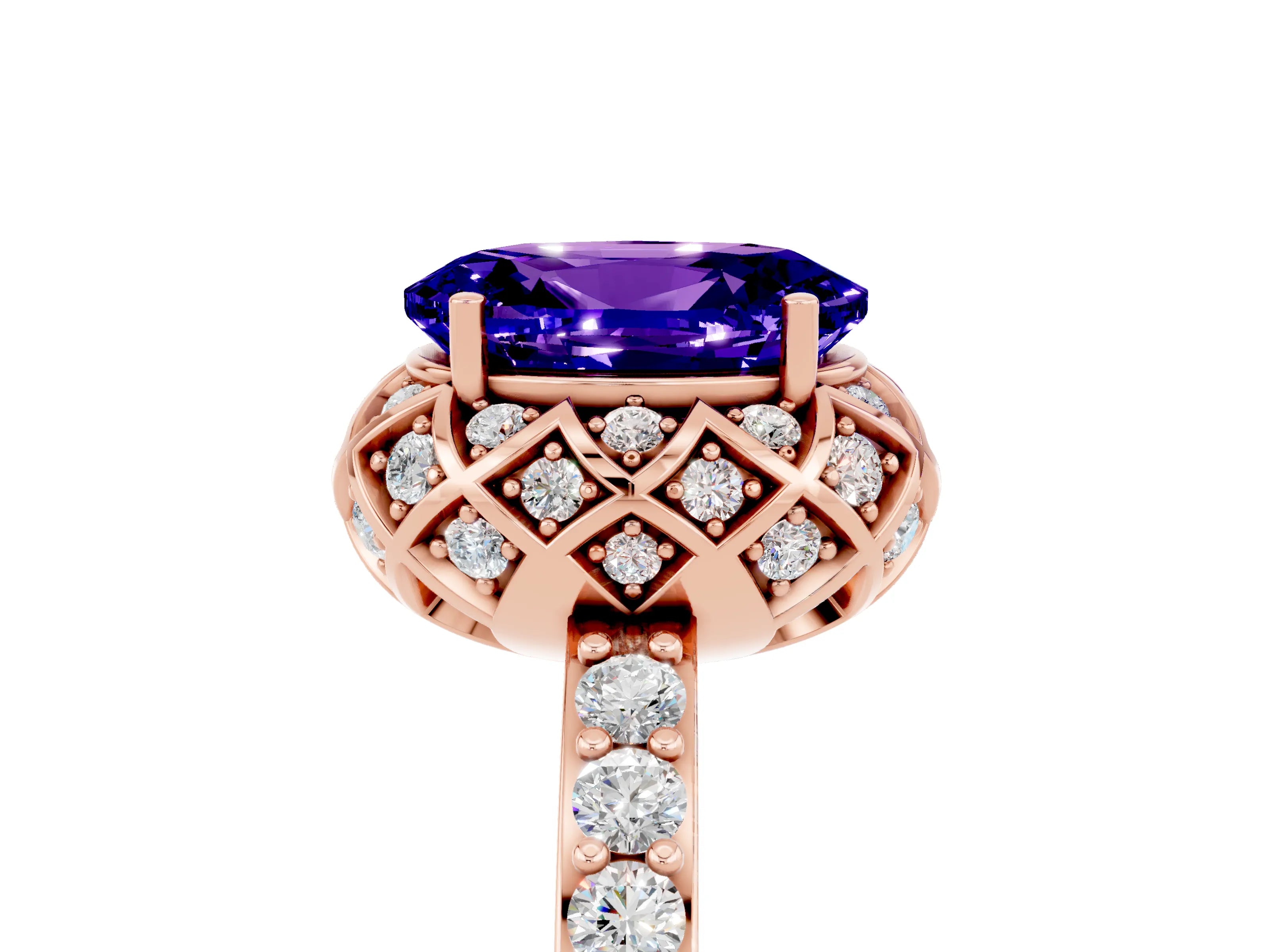 Rose gold Oval Cut Diamond Solitaire Ring with Shared Prong Pavé Band_5