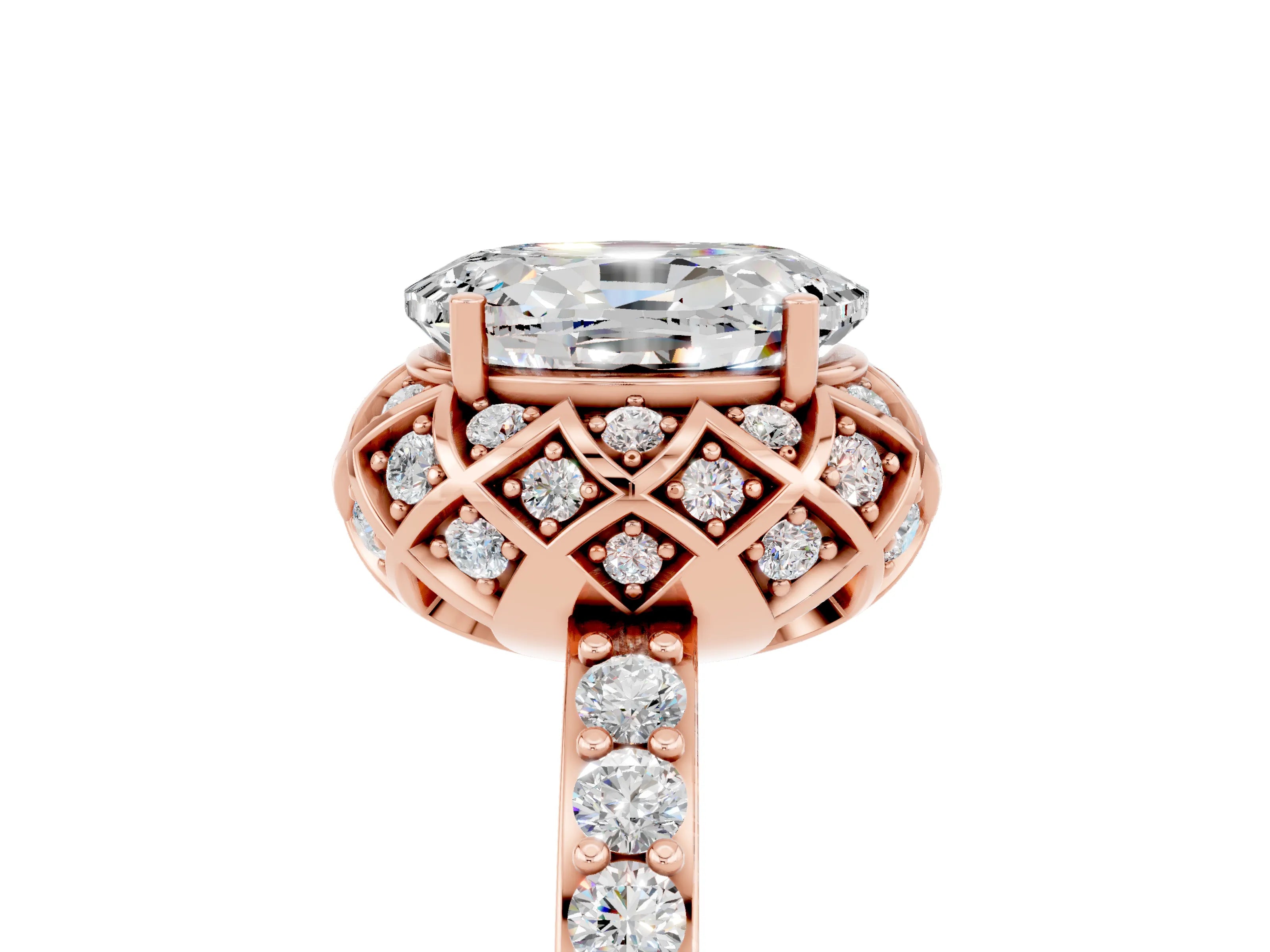 Rose gold Oval Cut Diamond Solitaire Ring with Shared Prong Pavé Band_5