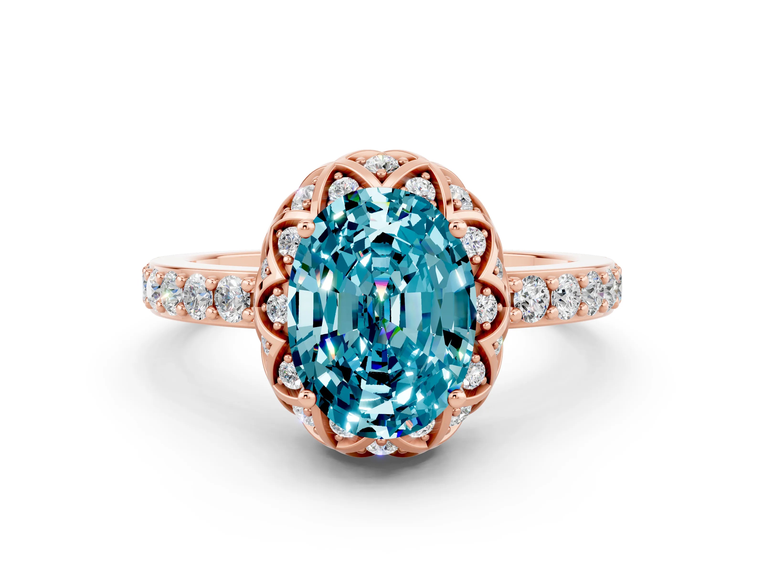 Rose gold Oval Cut Diamond Solitaire Ring with Shared Prong Pavé Band