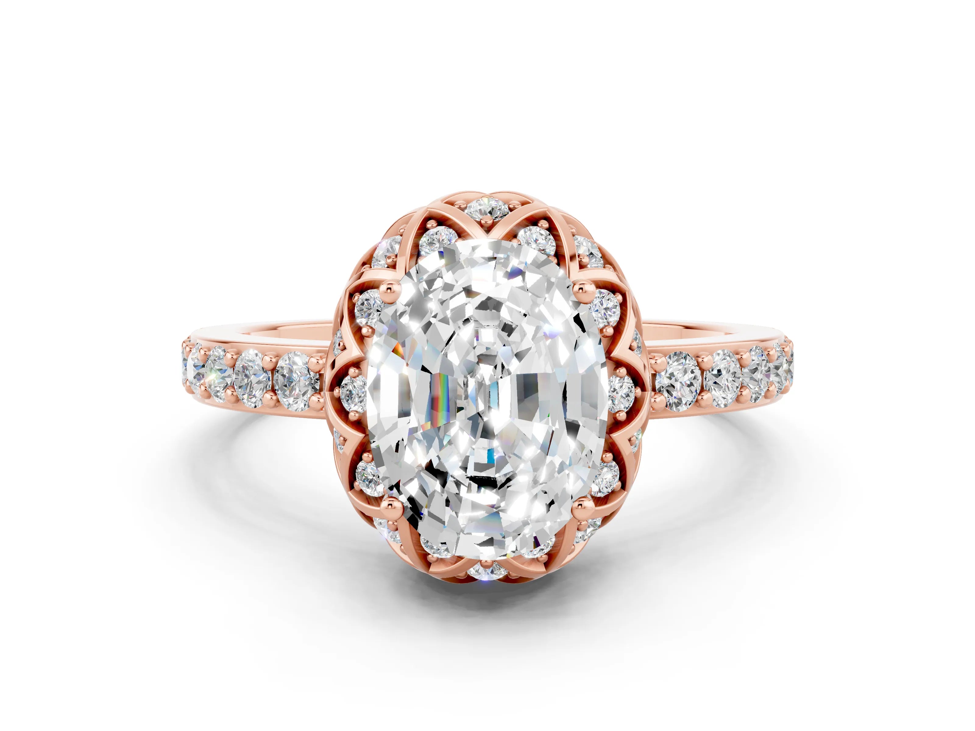 Rose gold Oval Cut Diamond Solitaire Ring with Shared Prong Pavé Band