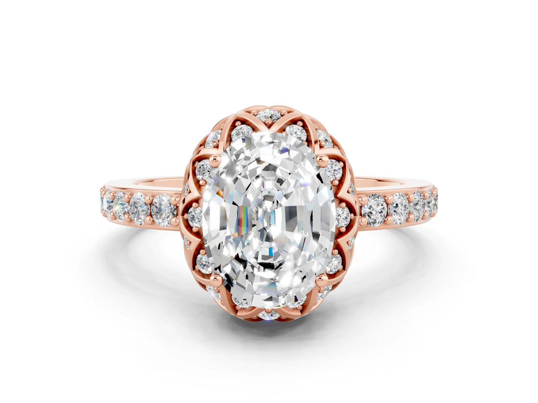 Rose gold Oval Cut Diamond Solitaire Ring with Shared Prong Pavé Band