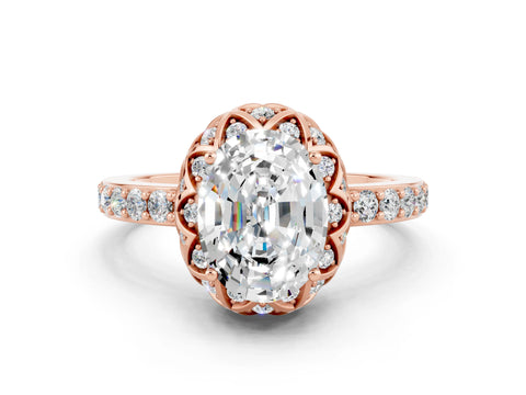 Rose gold Oval Cut Diamond Solitaire Ring with Shared Prong Pavé Band