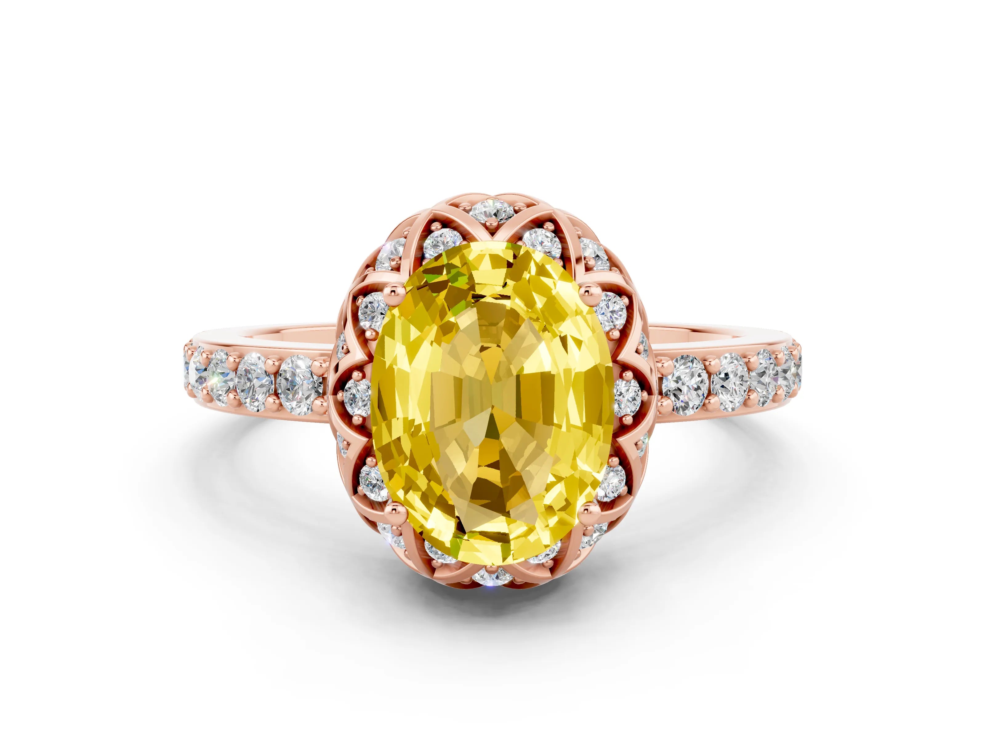 Rose gold Oval Cut Diamond Solitaire Ring with Shared Prong Pavé Band