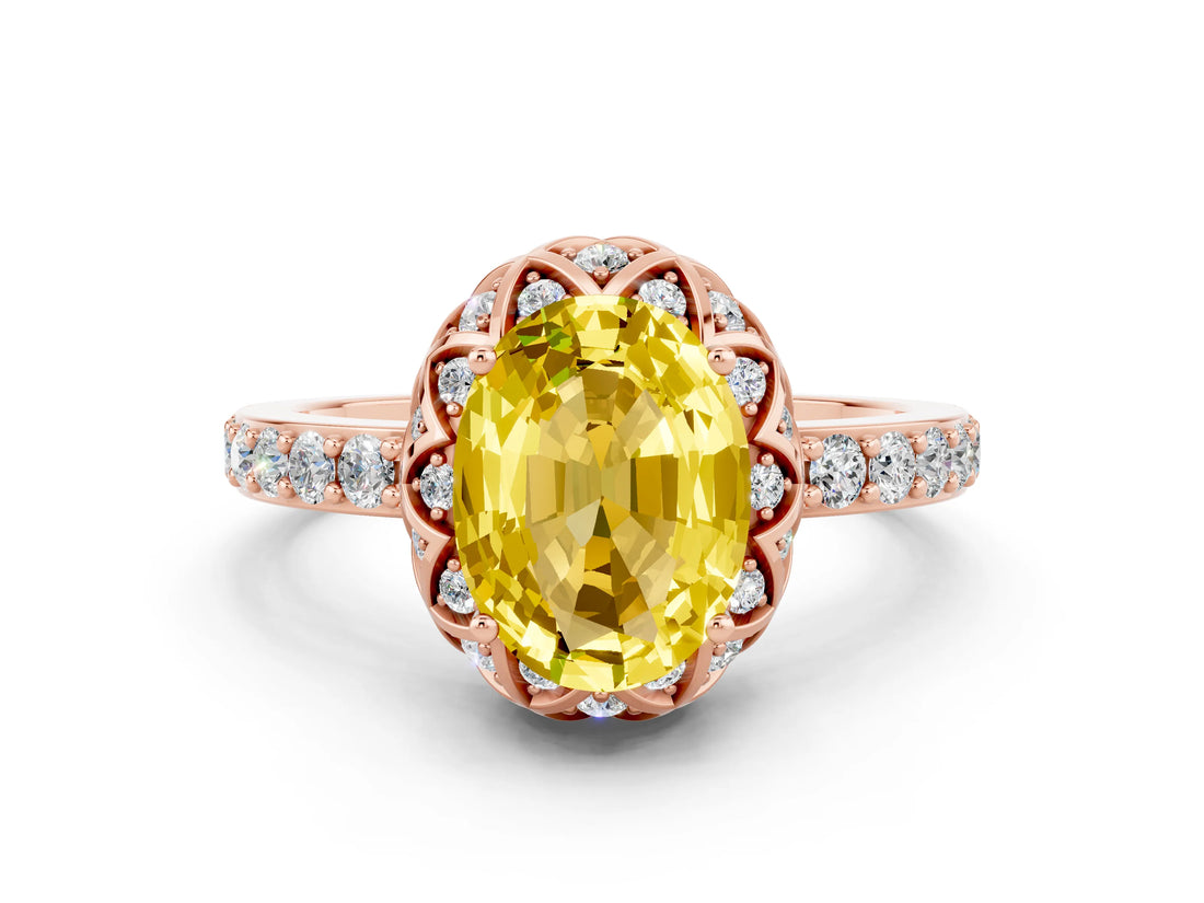 Rose gold Oval Cut Diamond Solitaire Ring with Shared Prong Pavé Band