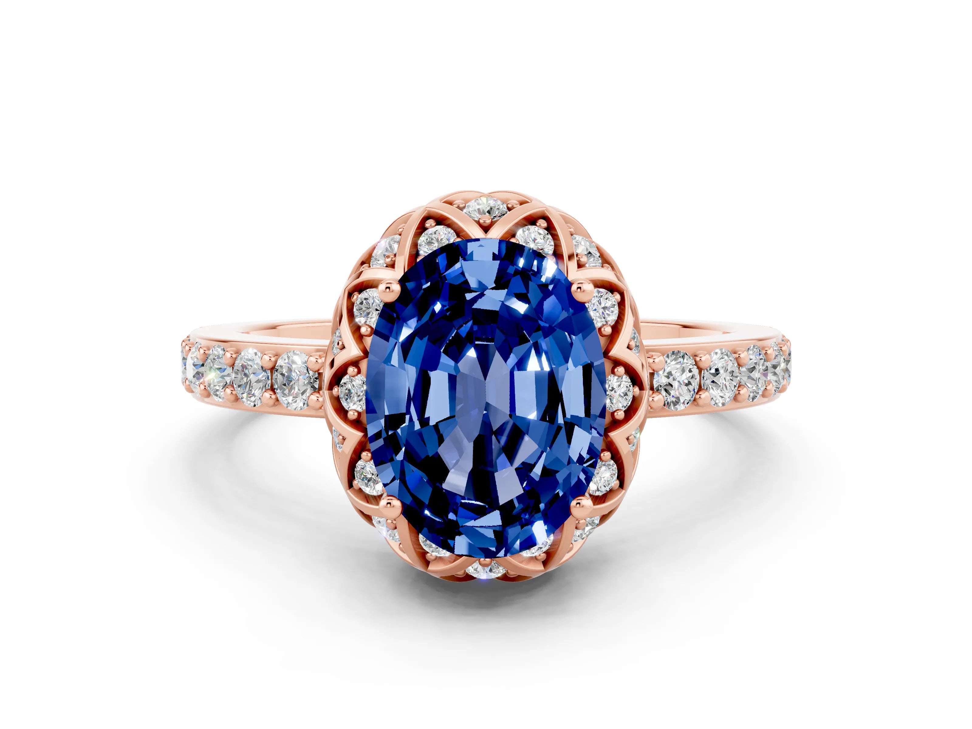 Rose gold Oval Cut Diamond Solitaire Ring with Shared Prong Pavé Band
