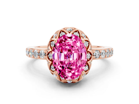Rose gold Oval Cut Diamond Solitaire Ring with Shared Prong Pavé Band