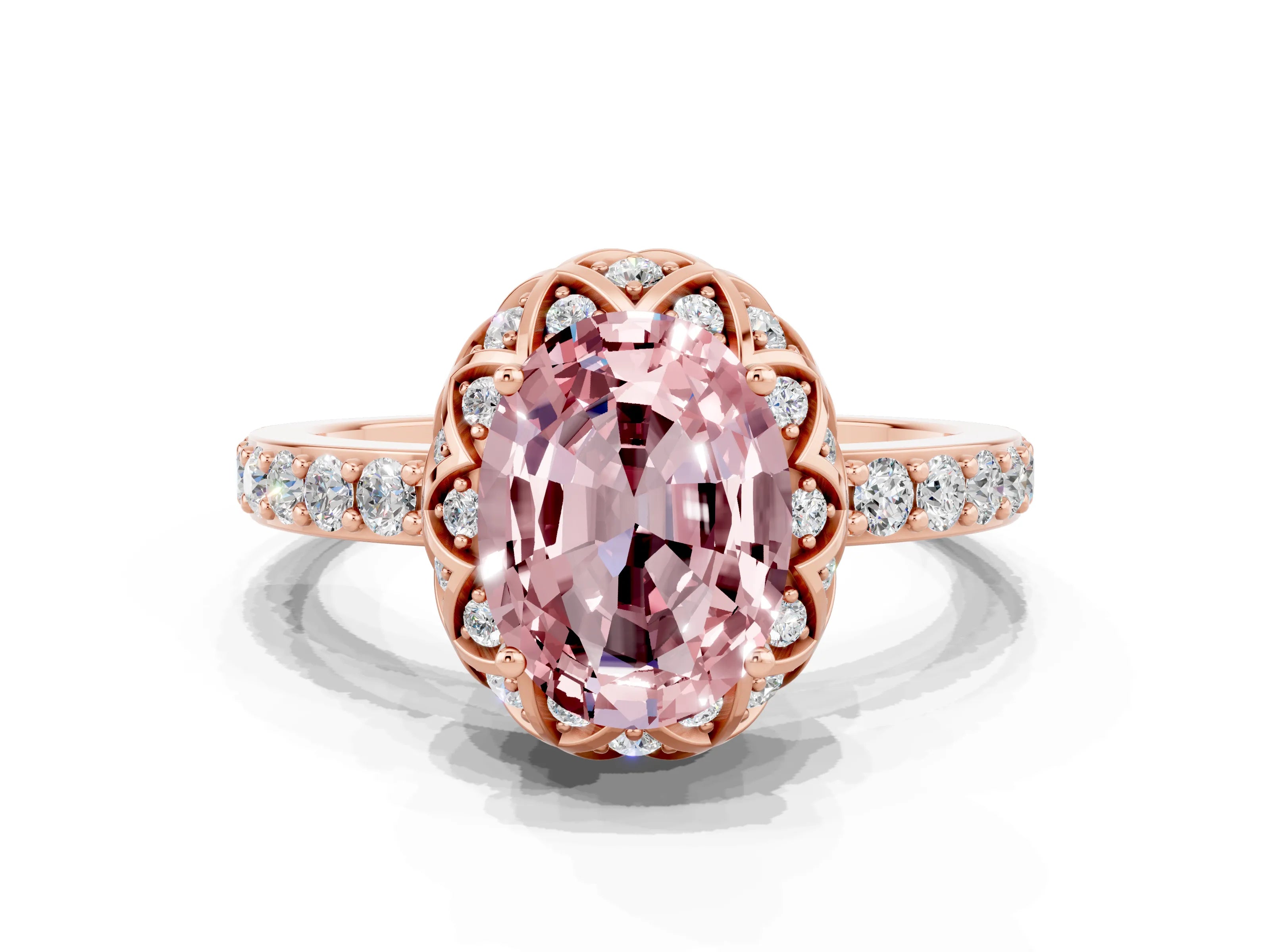 Rose gold Oval Cut Diamond Solitaire Ring with Shared Prong Pavé Band