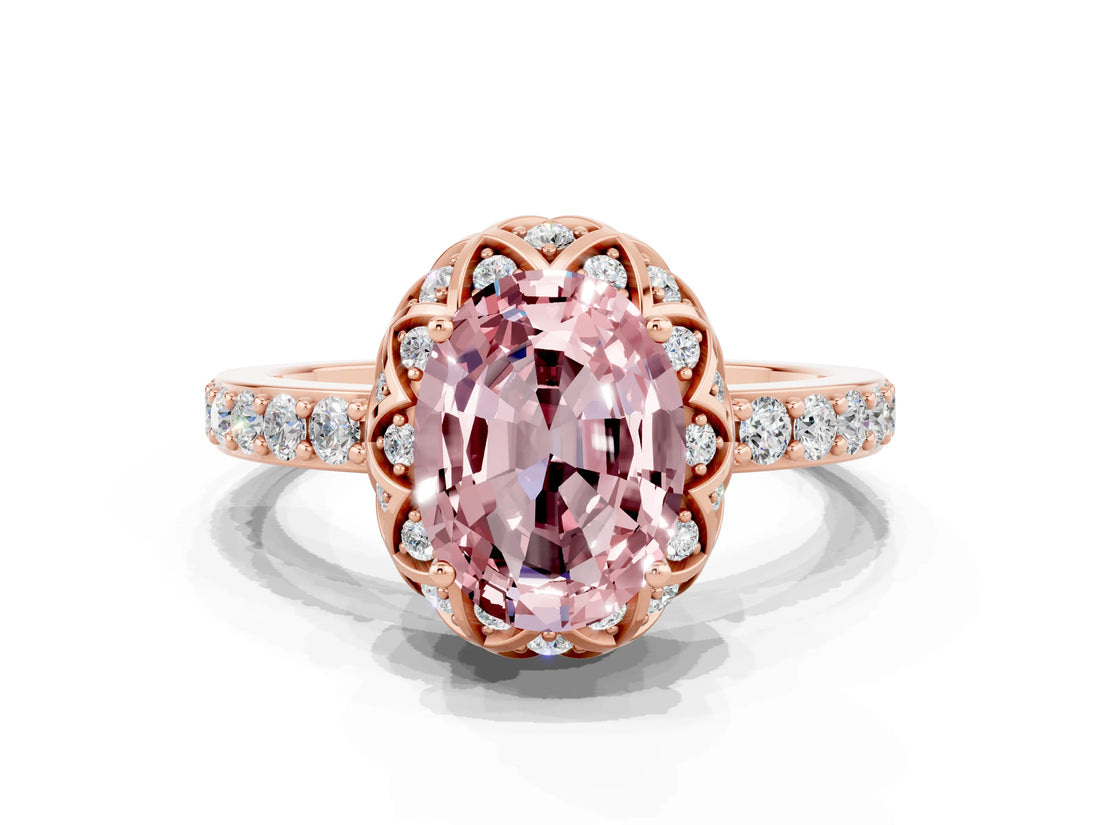 Rose gold Oval Cut Diamond Solitaire Ring with Shared Prong Pavé Band