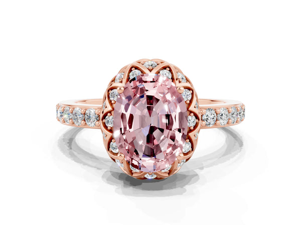 Rose gold Oval Cut Diamond Solitaire Ring with Shared Prong Pavé Band