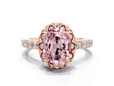 Rose gold Oval Cut Diamond Solitaire Ring with Shared Prong Pavé Band