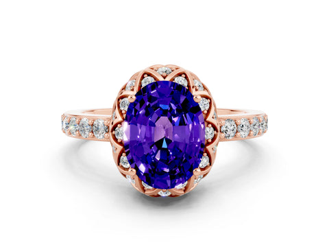 Rose gold Oval Cut Diamond Solitaire Ring with Shared Prong Pavé Band