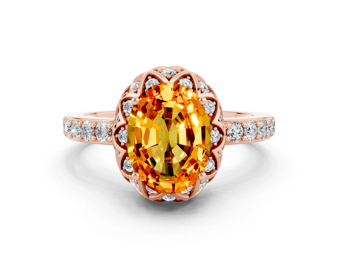 Rose gold Oval Cut Diamond Solitaire Ring with Shared Prong Pavé Band