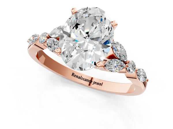 Rose Gold Oval Marquise Side Stone Engagement Ring Setting