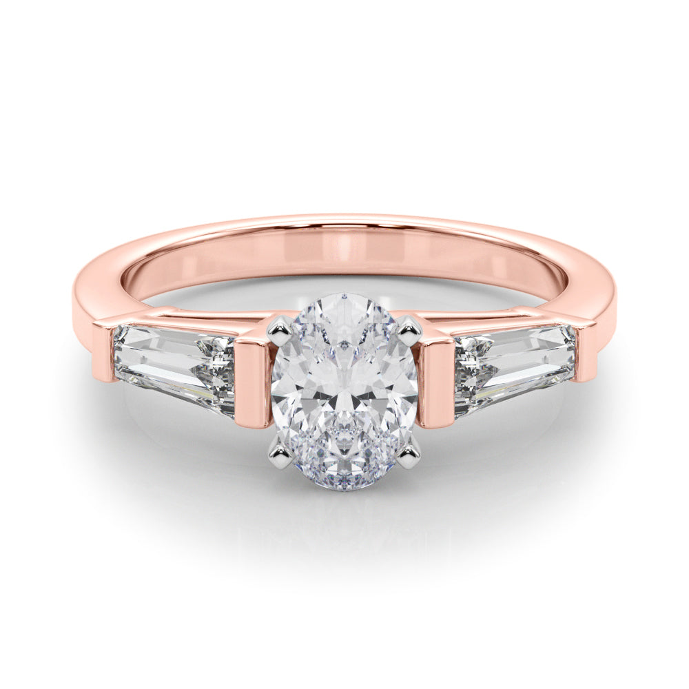 Rose gold Oval Cut Diamond Solitaire Ring with Tapered Baguette Accents and Four-Prong Setting 1