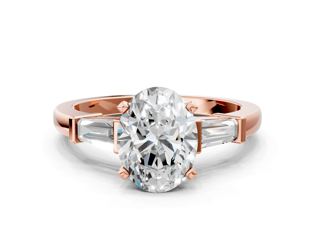 Rose gold Oval Cut Diamond Solitaire Ring with Tapered Baguette Accents and Four-Prong Setting_74