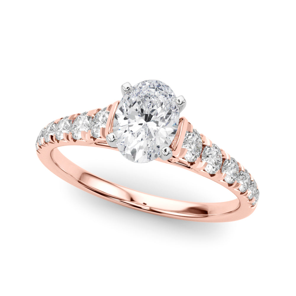Rose gold Oval Cut Diamond Solitaire with Pave Band and Four-Prong Setting