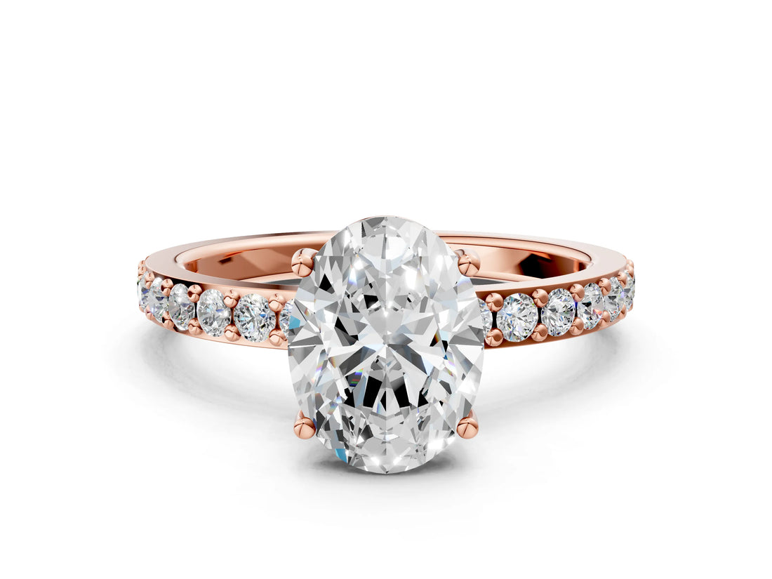 Rose gold Oval Cut Diamond Solitaire with Pave Band and Four-Prong Setting