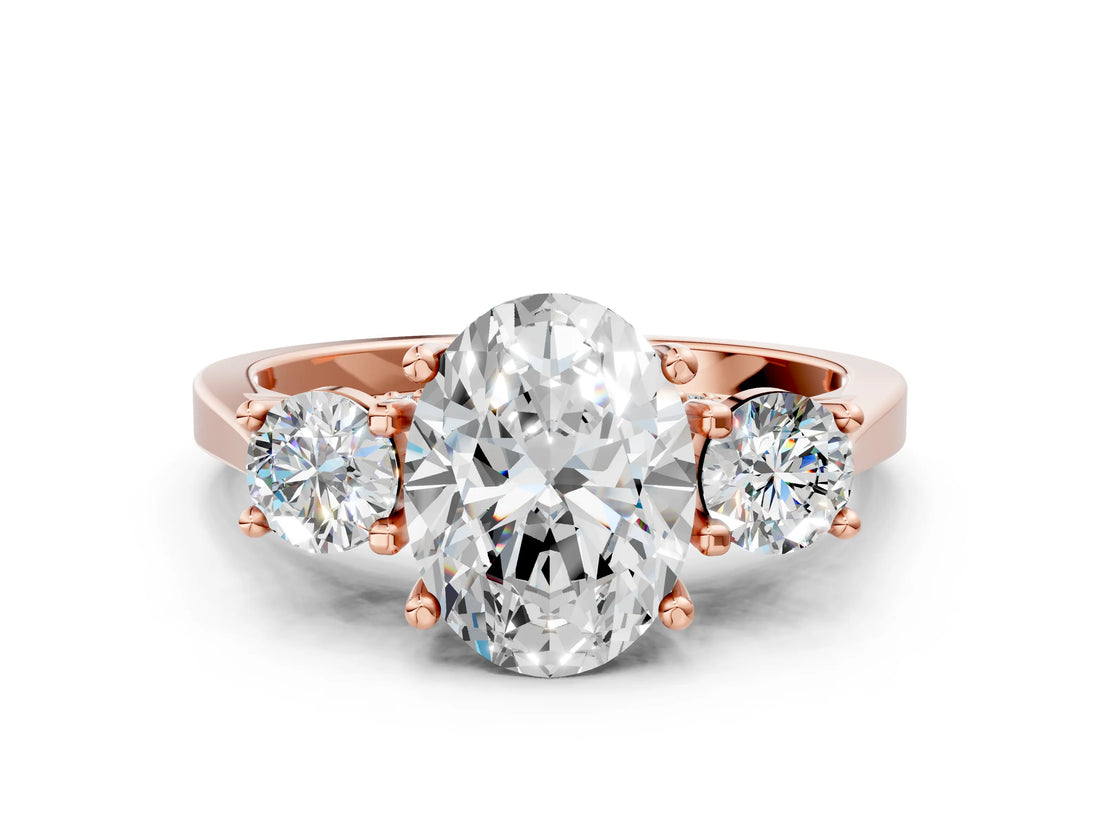 Rose gold Oval Cut Diamond Three-Stone Engagement Ring with Prong Setting and Pavé Band_3