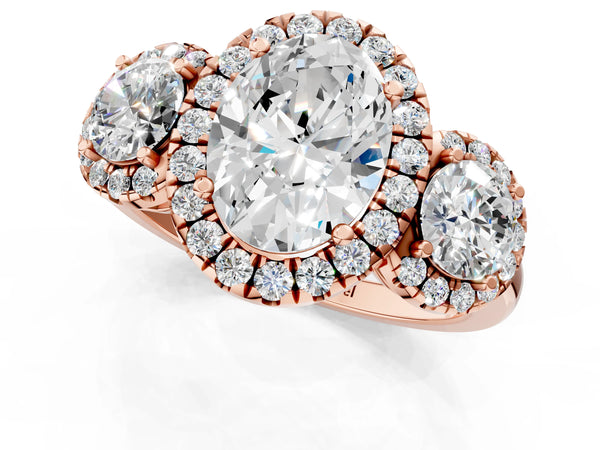 Rose gold Oval Cut Diamond Three-Stone Halo Ring with Prong Setting and Pavé Accents
