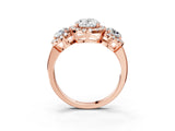 Rose gold Oval Cut Diamond Three-Stone Halo Ring with Prong Setting and Pavé Accents_12