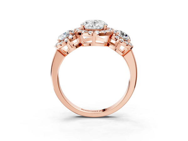 Rose gold Oval Cut Diamond Three-Stone Halo Ring with Prong Setting and Pavé Accents
