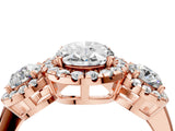 Rose gold Oval Cut Diamond Three-Stone Halo Ring with Prong Setting and Pavé Accents_13