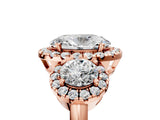 Rose gold Oval Cut Diamond Three-Stone Halo Ring with Prong Setting and Pavé Accents_14