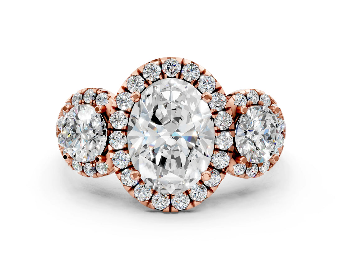 Rose gold Oval Cut Diamond Three-Stone Halo Ring with Prong Setting and Pavé Accents_9