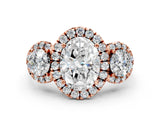 Rose gold Oval Cut Diamond Three-Stone Halo Ring with Prong Setting and Pavé Accents_9